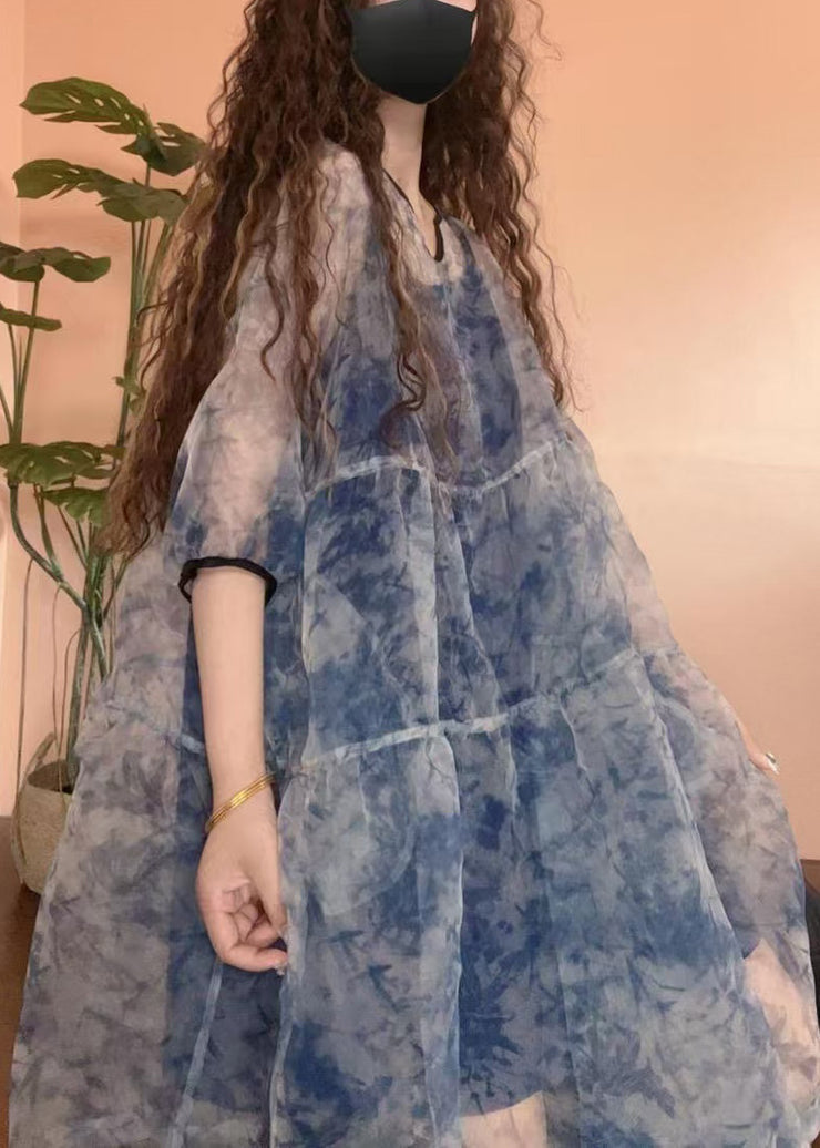 Chic Blue Print Patchwork Tulle Two Pieces Set Half Sleeve
