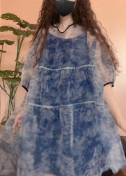 Chic Blue Print Patchwork Tulle Two Pieces Set Half Sleeve