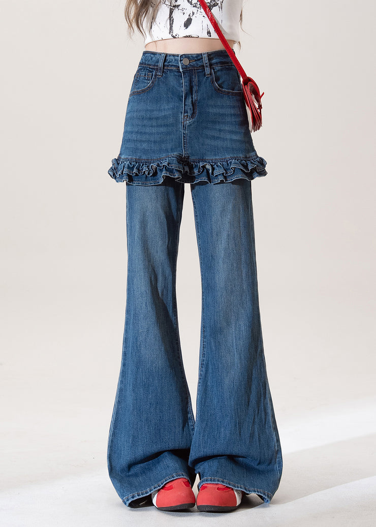 Chic Blue Ruffled Pockets Patchwork Denim Flared Trousers Fall