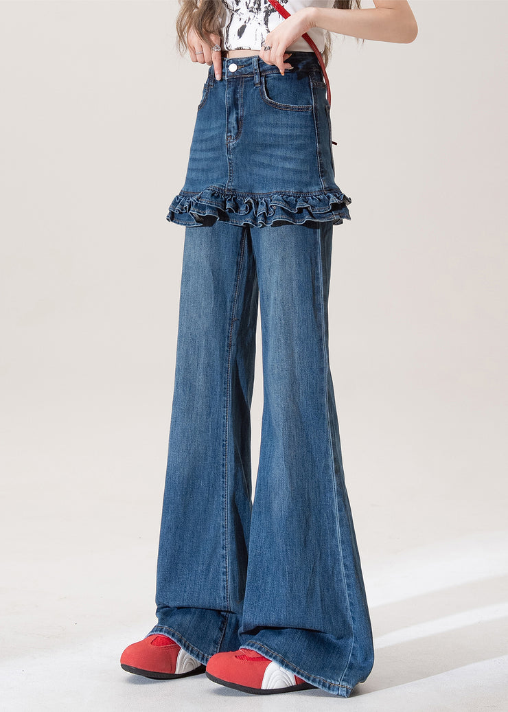 Chic Blue Ruffled Pockets Patchwork Denim Flared Trousers Fall