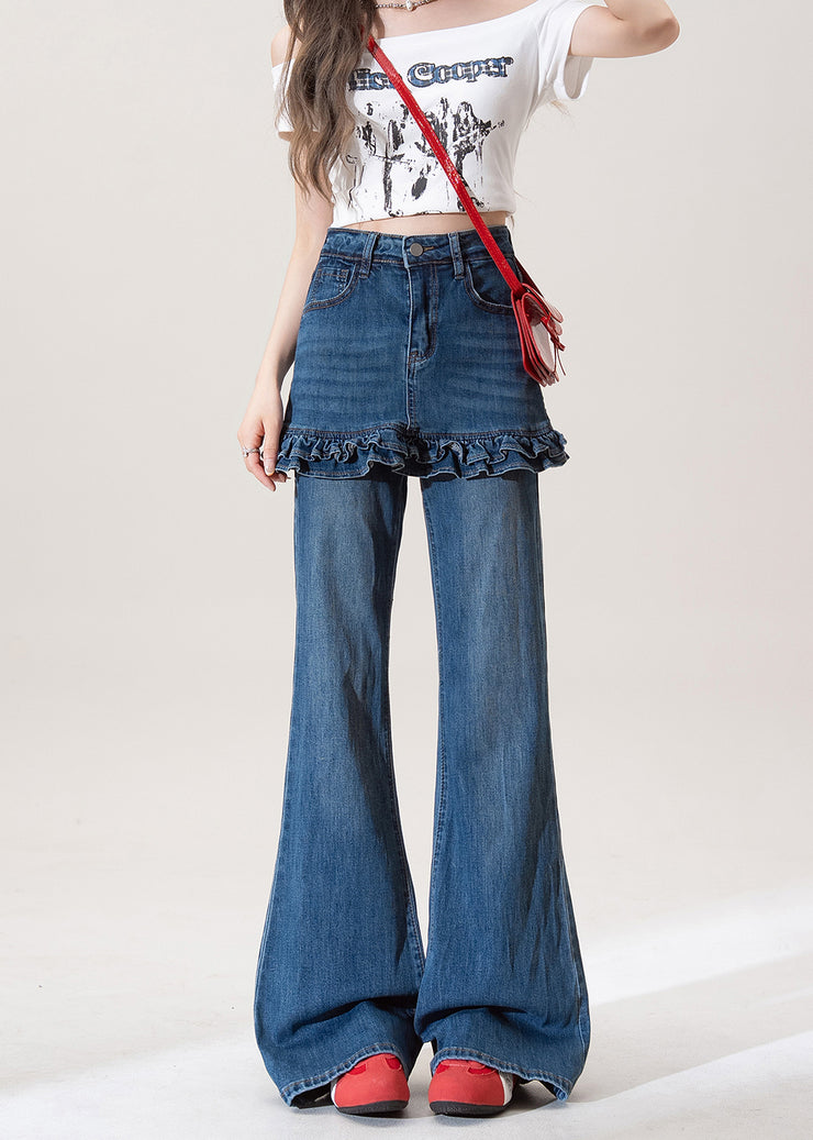 Chic Blue Ruffled Pockets Patchwork Denim Flared Trousers Fall