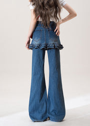 Chic Blue Ruffled Pockets Patchwork Denim Flared Trousers Fall