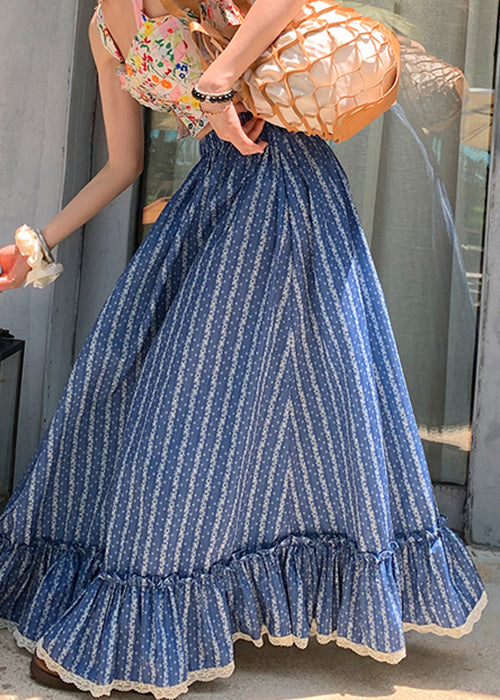 Chic Blue Ruffled Print Elastic Waist Cotton Maxi Skirts Summer