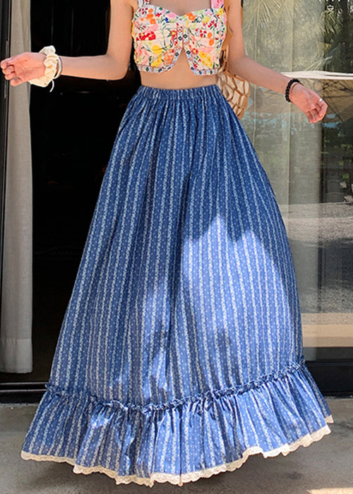 Chic Blue Ruffled Print Elastic Waist Cotton Maxi Skirts Summer