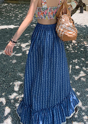 Chic Blue Ruffled Print Elastic Waist Cotton Maxi Skirts Summer