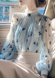 Chic Blue Ruffled Print Wrinkled Chiffon Shirt Fall
