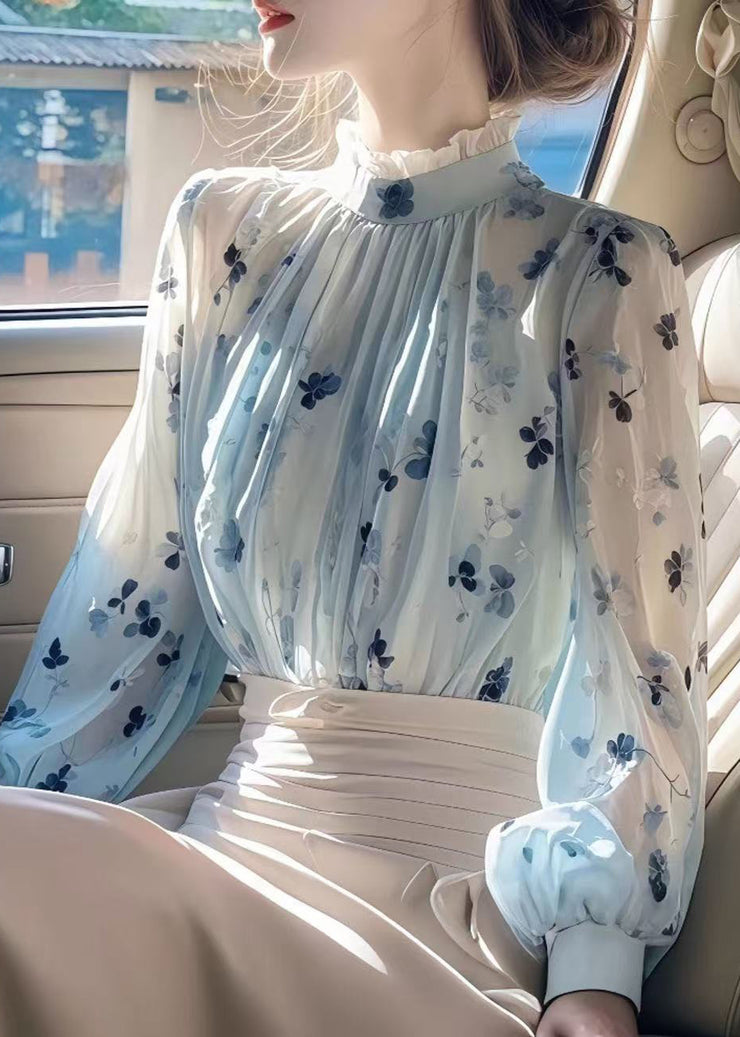 Chic Blue Ruffled Print Wrinkled Chiffon Shirt Fall