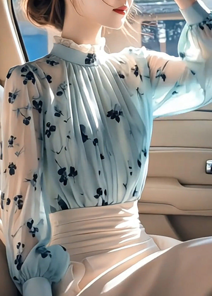 Chic Blue Ruffled Print Wrinkled Chiffon Shirt Fall