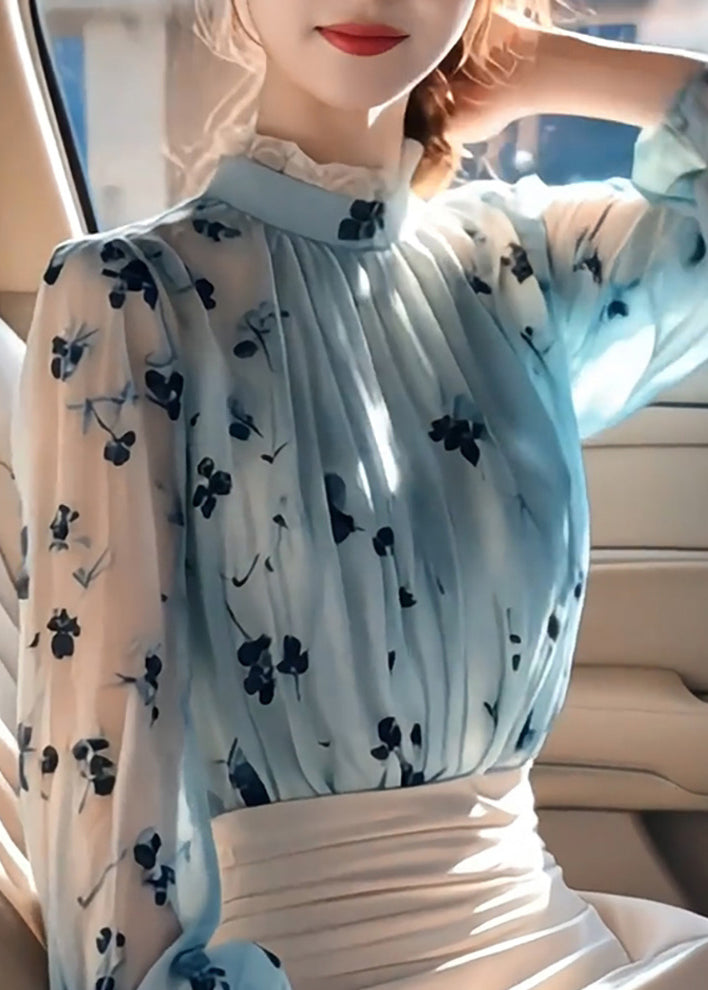 Chic Blue Ruffled Print Wrinkled Chiffon Shirt Fall