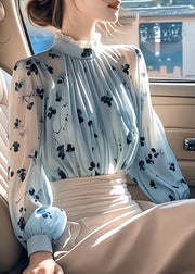 Chic Blue Ruffled Print Wrinkled Chiffon Shirt Fall
