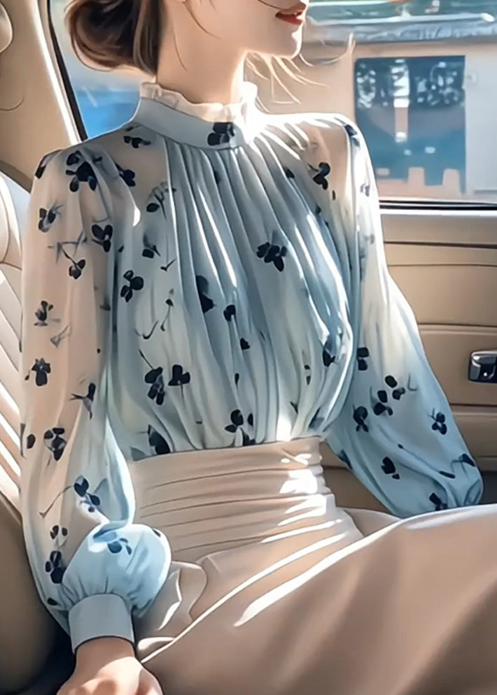 Chic Blue Ruffled Print Wrinkled Chiffon Shirt Fall