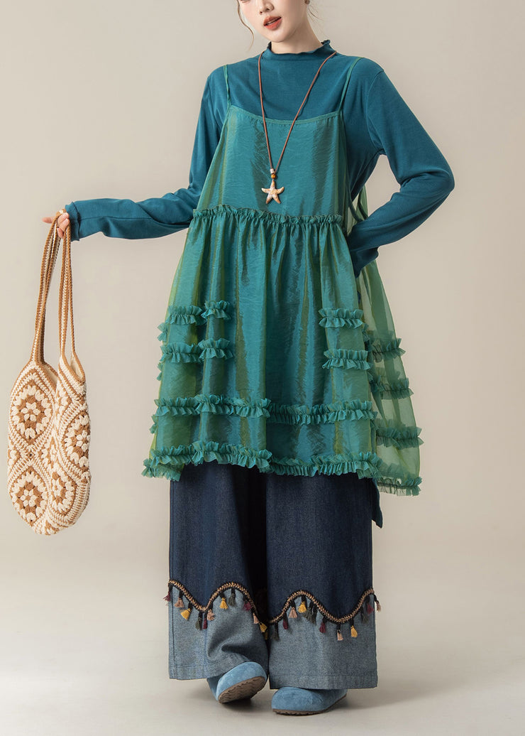 Chic Blue Ruffled Spaghetti Strap Dress T Shirt And Pants Three Piece Suit Set Fall