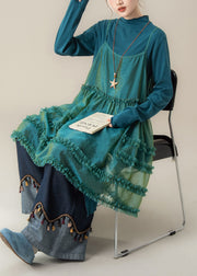 Chic Blue Ruffled Spaghetti Strap Dress T Shirt And Pants Three Piece Suit Set Fall