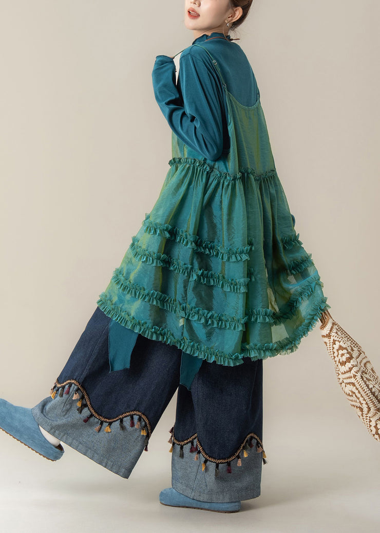 Chic Blue Ruffled Spaghetti Strap Dress T Shirt And Pants Three Piece Suit Set Fall