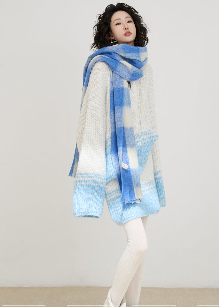 Chic Blue Sequins Patchwork Knit Two Pieces Set Winter