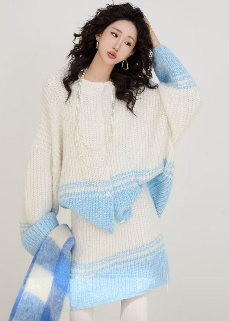 Chic Blue Sequins Patchwork Knit Two Pieces Set Winter