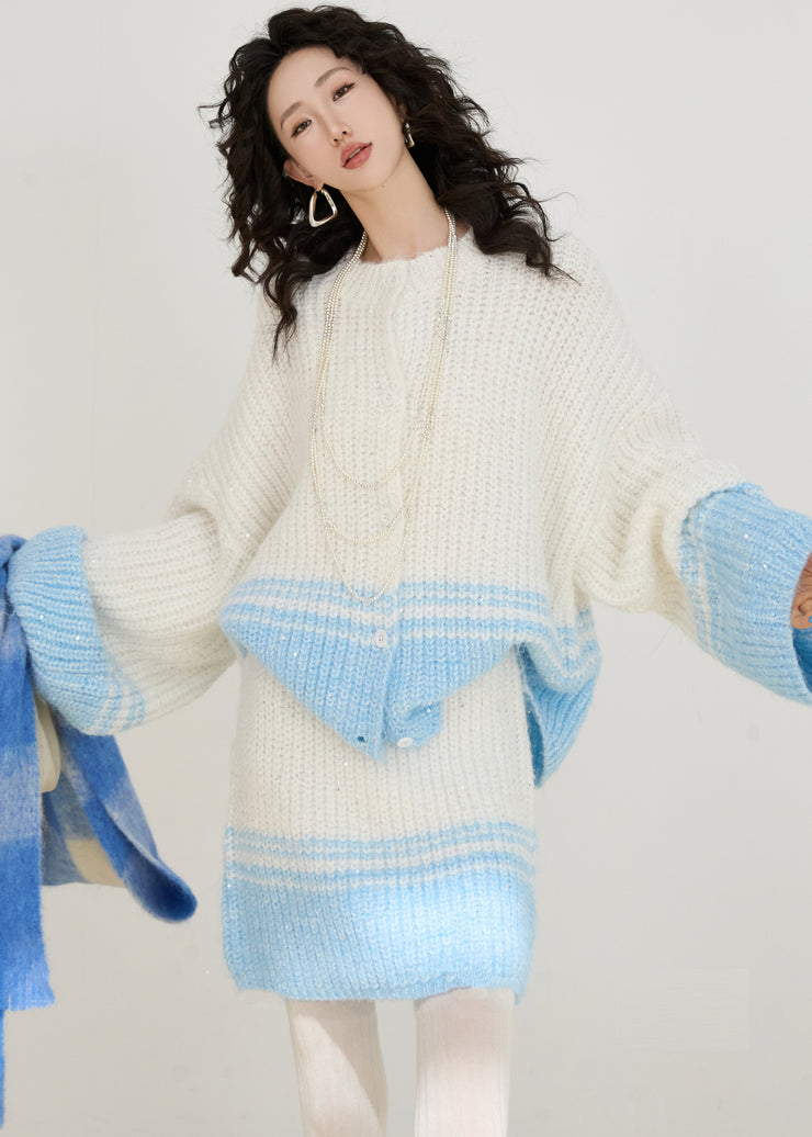 Chic Blue Sequins Patchwork Knit Two Pieces Set Winter