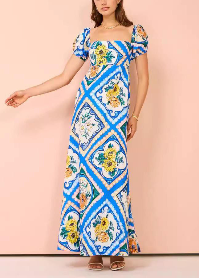 Chic Blue Square Collar Print Long Dress Short Sleeve