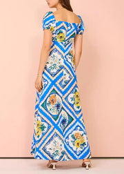 Chic Blue Square Collar Print Long Dress Short Sleeve