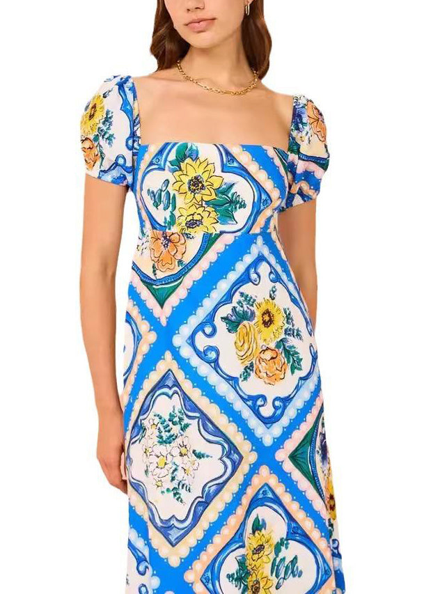 Chic Blue Square Collar Print Long Dress Short Sleeve