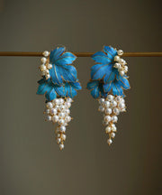 Chic Blue Sterling Silver Overgild Grape Drip Glaze Stud Earrings