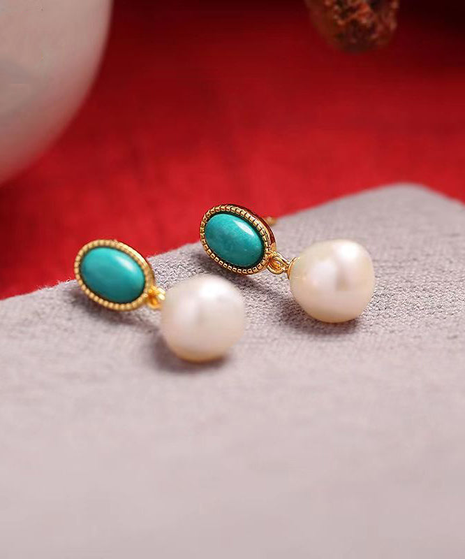 Chic Blue Sterling Silver Overgild Turquoise Pearl Drop Earrings