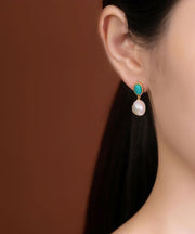 Chic Blue Sterling Silver Overgild Turquoise Pearl Drop Earrings