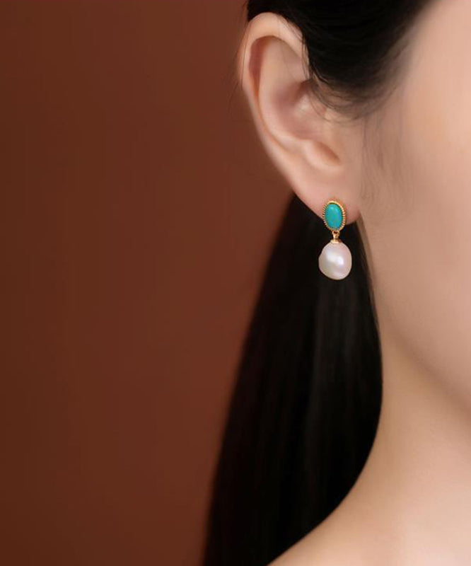 Chic Blue Sterling Silver Overgild Turquoise Pearl Drop Earrings
