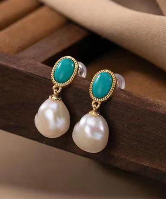 Chic Blue Sterling Silver Overgild Turquoise Pearl Drop Earrings