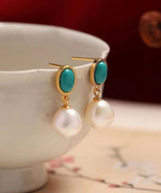 Chic Blue Sterling Silver Overgild Turquoise Pearl Drop Earrings