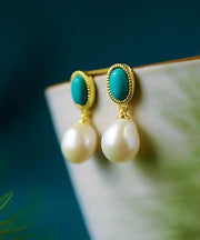 Chic Blue Sterling Silver Overgild Turquoise Pearl Drop Earrings