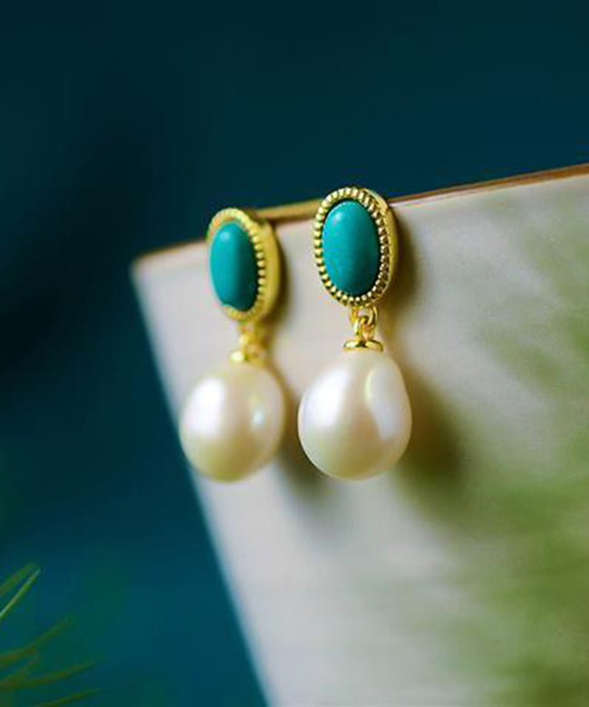 Chic Blue Sterling Silver Overgild Turquoise Pearl Drop Earrings
