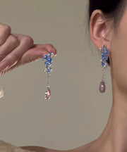 Chic Blue Sterling Silver Pearl Cloisonne Enamel Water Drop Tassel Drop Earrings
