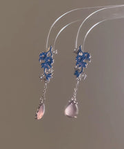 Chic Blue Sterling Silver Pearl Cloisonne Enamel Water Drop Tassel Drop Earrings