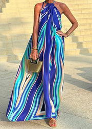Chic Blue Striped Print Cotton Long Dresses Sleeveless