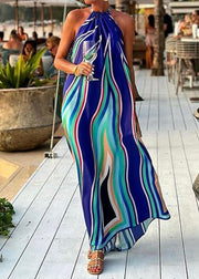 Chic Blue Striped Print Cotton Long Dresses Sleeveless