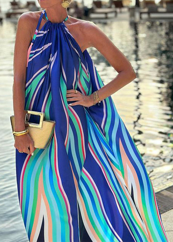 Chic Blue Striped Print Cotton Long Dresses Sleeveless