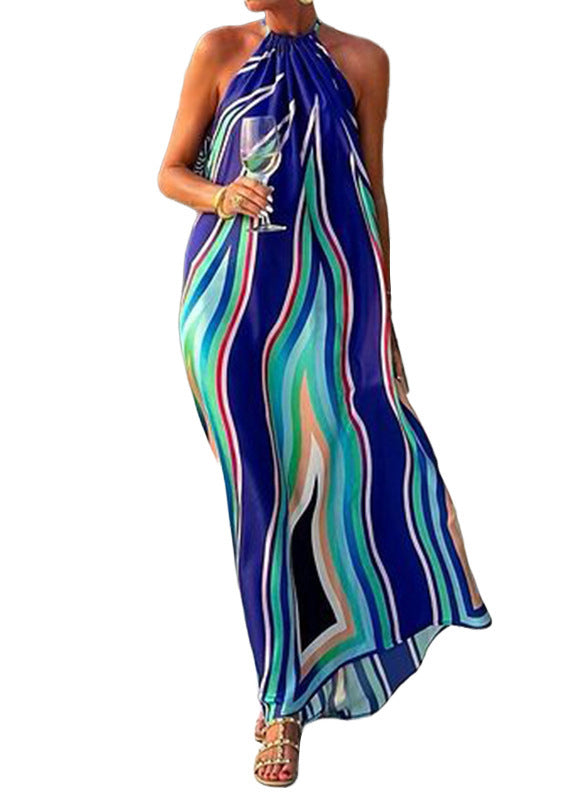 Chic Blue Striped Print Cotton Long Dresses Sleeveless