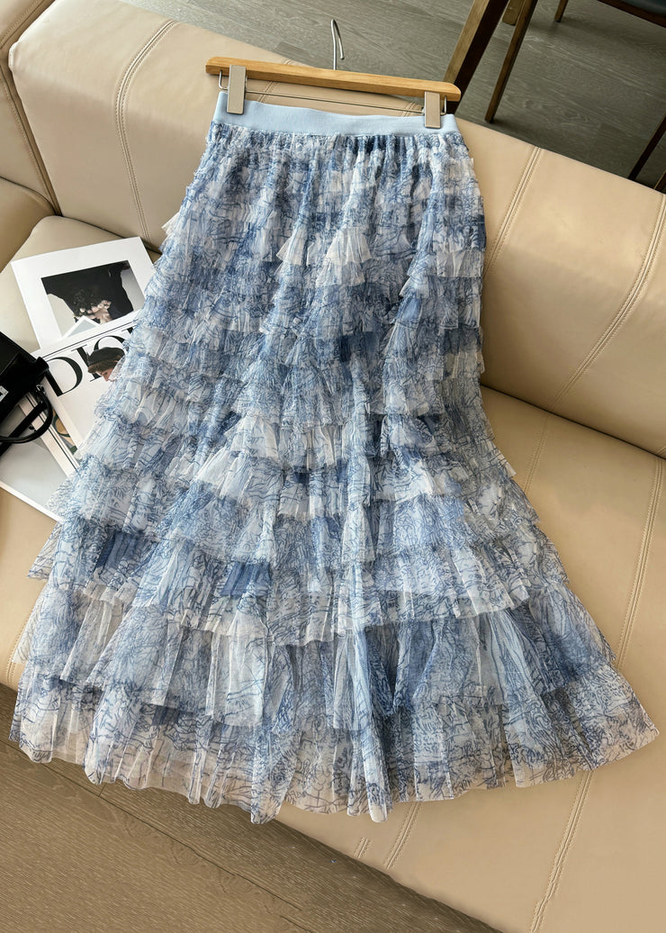 Chic Blue Tie Dye Layered Tulle Skirt Summer