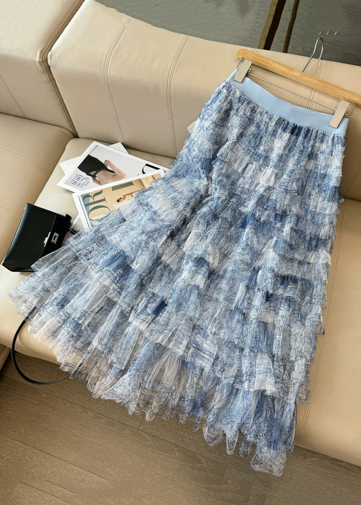 Chic Blue Tie Dye Layered Tulle Skirt Summer