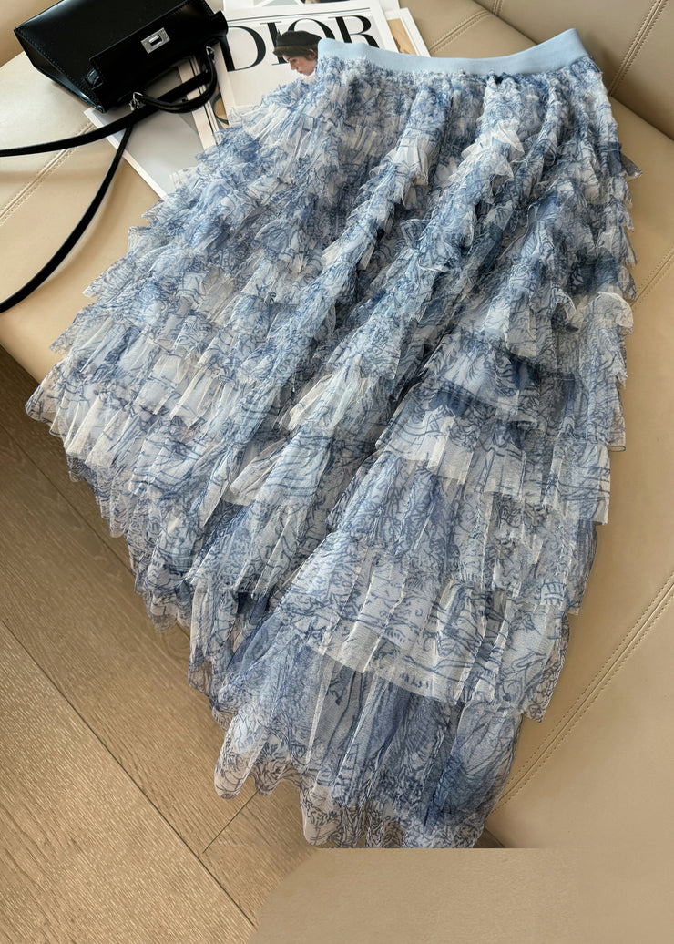 Chic Blue Tie Dye Layered Tulle Skirt Summer