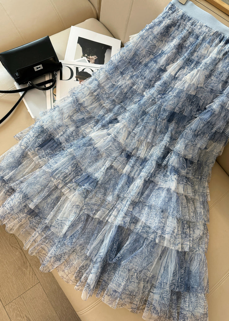 Chic Blue Tie Dye Layered Tulle Skirt Summer