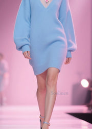 Chic Blue Tulle Floral Patchwork Knit Mid Dress Fall