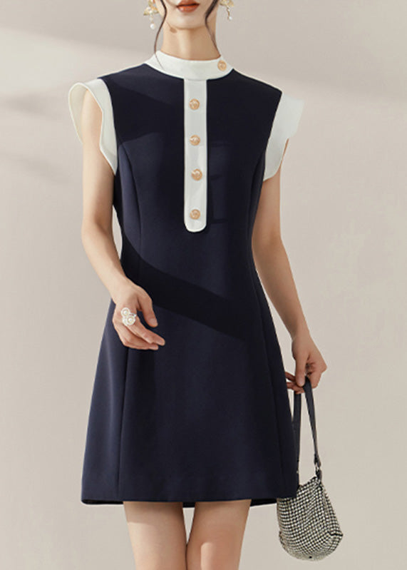 Chic Blue Turtleneck Patchwork Vacation Mid Dresses Summer