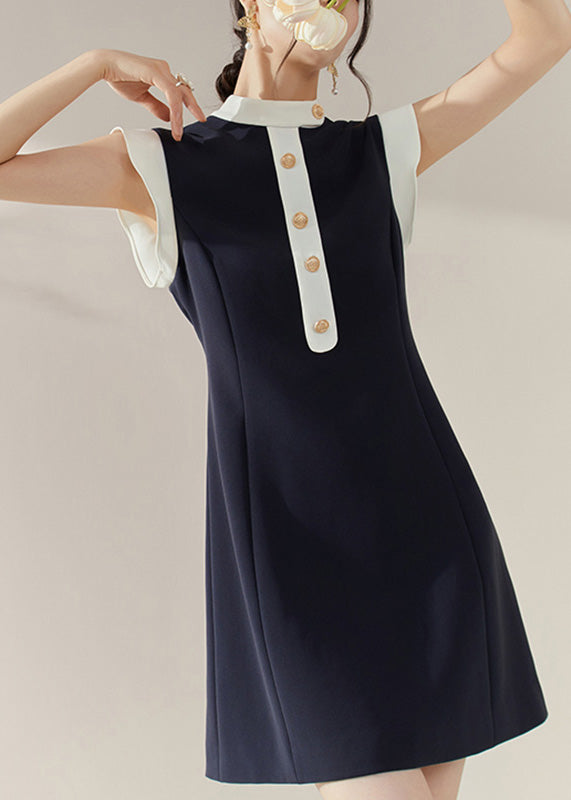 Chic Blue Turtleneck Patchwork Vacation Mid Dresses Summer
