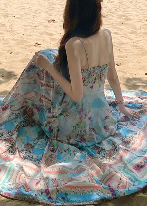 Chic Blue V Neck Print Cotton Spaghetti Strap Dress Sleeveless