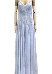 Chic Blue V Neck Wrinkled Cotton Spaghetti Strap Dress Summer