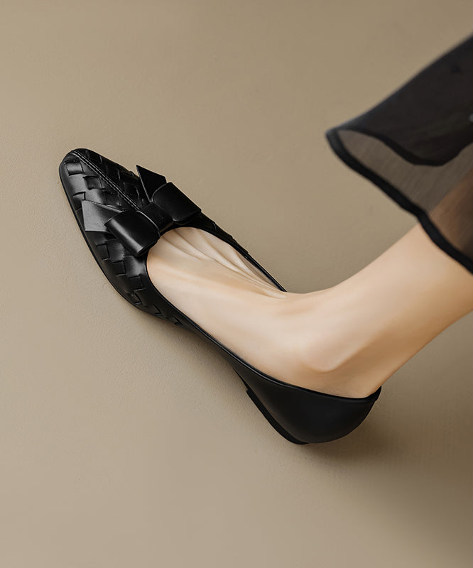 Chic Bow Splicing Soft Comfy Flats Black Sheepskin