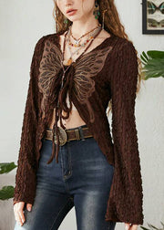 Chic Brown Butterfly Lace Up Patchwork Knitting Cotton Cardigan Spring