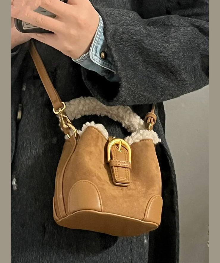 Chic Brown Faux Fur Patchwork Suede Bucket Bag